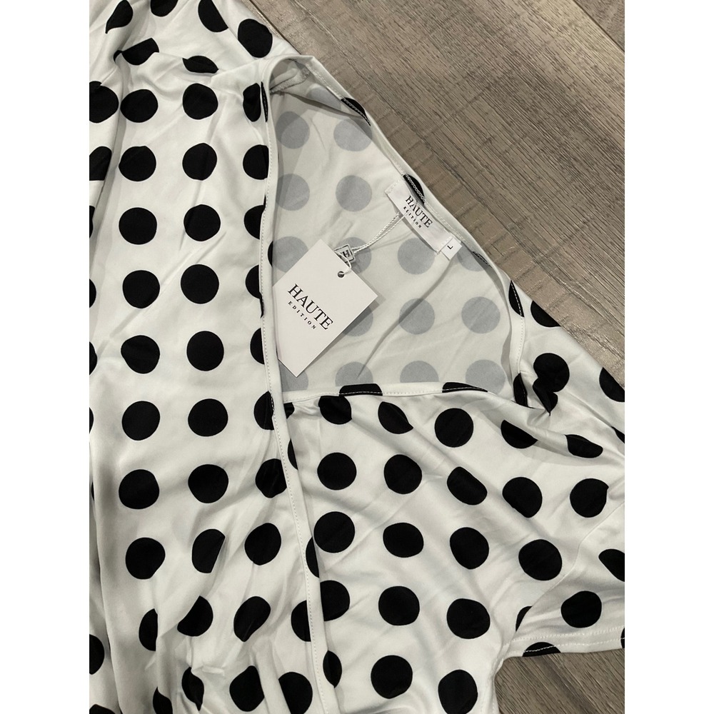 Haute Edition Polka Dot Wrap Dress Womens L White Black Short Sleeve Fit Flare - Picture 8 of 9